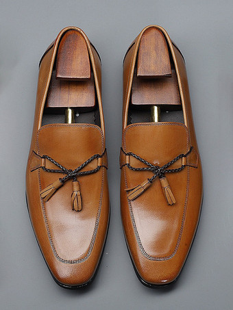 メンズタッセルローファーシューズ 牛革スクエアトゥ メンズローファー