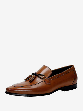 ブラウンメンズタッセルローファーシューズ 牛革スクエアトゥ メンズローファー