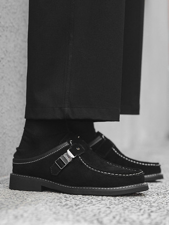 メンズカジュアルシューズ カーキ スエードレザー ラウンドトゥ バックルシューズ