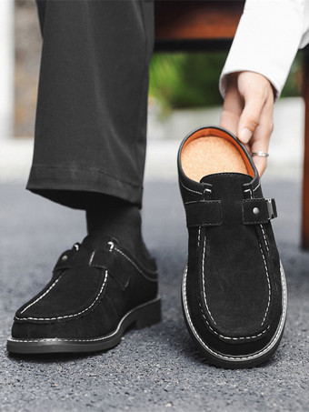 ブラック メンズカジュアルシューズ カーキ スエードレザー ラウンドトゥ バックルシューズ