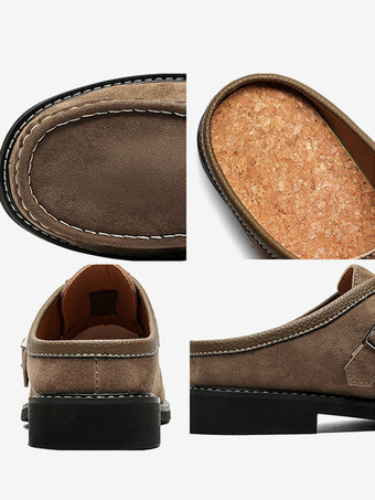 メンズカジュアルシューズ カーキ スエードレザー ラウンドトゥ バックルシューズ