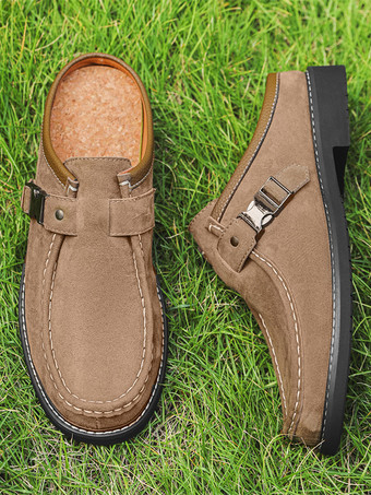 メンズカジュアルシューズ カーキ スエードレザー ラウンドトゥ バックルシューズ