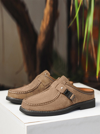 メンズカジュアルシューズ カーキ スエードレザー ラウンドトゥ バックルシューズ