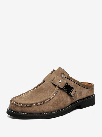 カーキ メンズカジュアルシューズ カーキ スエードレザー ラウンドトゥ バックルシューズ