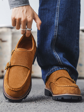 メンズ モンクローファーシューズ スエードレザーバックル チャンキーシックローファーシューズ