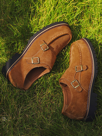 メンズ モンクローファーシューズ スエードレザーバックル チャンキーシックローファーシューズ