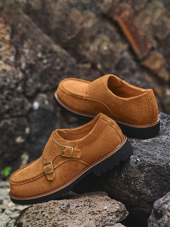 オレンジメンズ モンクローファーシューズ スエードレザーバックル チャンキーシックローファーシューズ