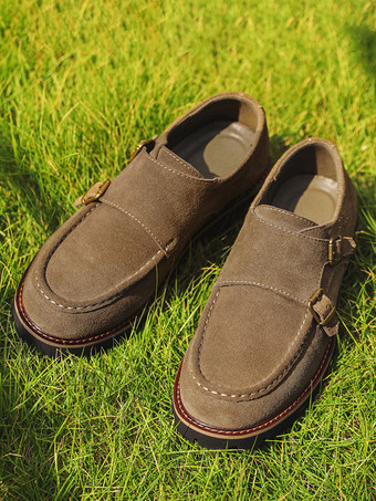 メンズ モンクローファーシューズ スエードレザーバックル チャンキーシックローファーシューズ