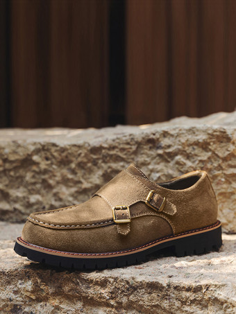 メンズ モンクローファーシューズ スエードレザーバックル チャンキーシックローファーシューズ