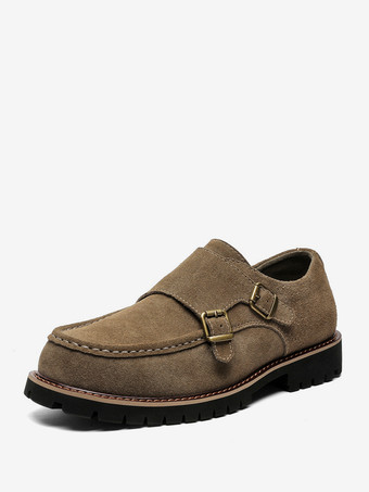 カーキ メンズ モンクローファーシューズ スエードレザーバックル チャンキーシックローファーシューズ