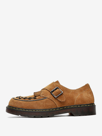オレンジバックルラウンドトゥスエードレザーメンズモンクローファーシューズ