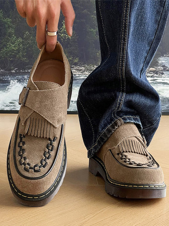 バックルラウンドトゥスエードレザーメンズモンクローファーシューズ