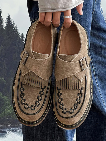 バックルラウンドトゥスエードレザーメンズモンクローファーシューズ