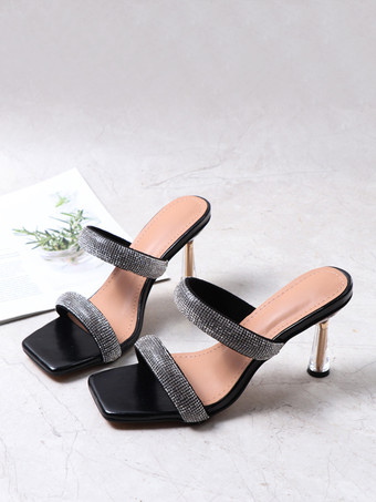 ハイヒールミュール ラインストーン オープントゥ スティレットヒール バックレス パーティー プロムサンダル