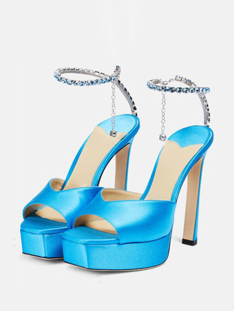 ティールサテンハイヒールサンダル プラットフォーム オープントゥ ラインストーン アンクルストラップ パーティーシューズ