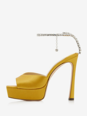 ゴールド サテンハイヒールサンダル プラットフォーム オープントゥ ラインストーン アンクルストラップ パーティーシューズ