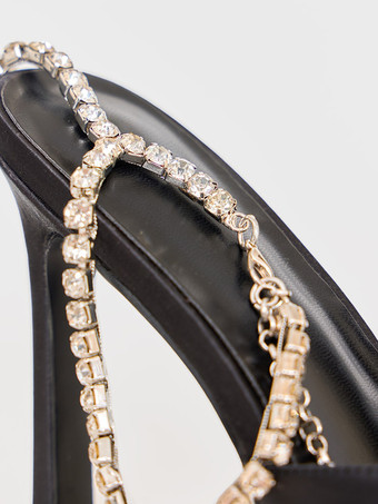 サテンハイヒールサンダル プラットフォーム オープントゥ ラインストーン アンクルストラップ パーティーシューズ