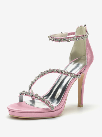 ピンクサテンエディングシューズ ハイヒール ラインストーン ストラップ スティトルヒール ブライダルシューズ