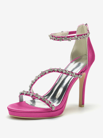 ローズレッドサテンエディングシューズ ハイヒール ラインストーン ストラップ スティトルヒール ブライダルシューズ