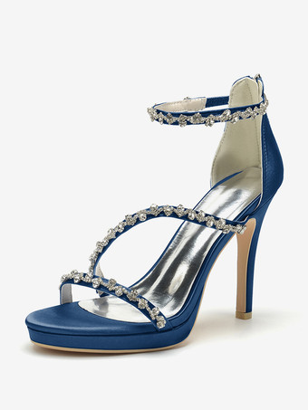 ディープブルーサテンエディングシューズ ハイヒール ラインストーン ストラップ スティトルヒール ブライダルシューズ