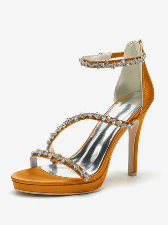 オレンジ サテンエディングシューズ ハイヒール ラインストーン ストラップ スティトルヒール ブライダルシューズ