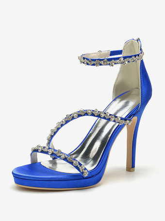 ロイヤルブルーサテンエディングシューズ ハイヒール ラインストーン ストラップ スティトルヒール ブライダルシューズ