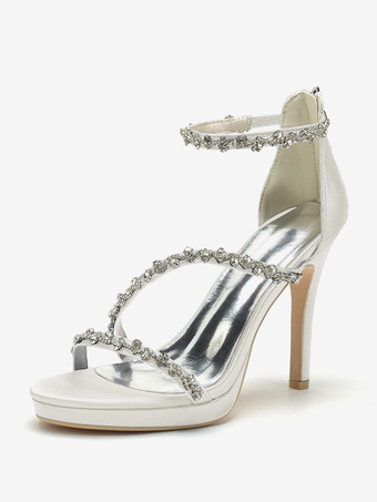 アイボリー サテンエディングシューズ ハイヒール ラインストーン ストラップ スティトルヒール ブライダルシューズ