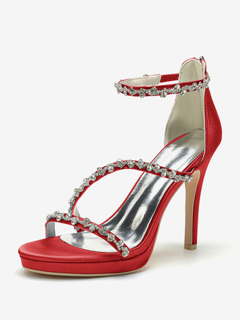 レッド サテンエディングシューズ ハイヒール ラインストーン ストラップ スティトルヒール ブライダルシューズ