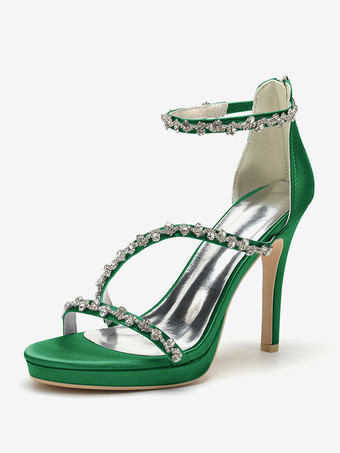 グリーン サテンエディングシューズ ハイヒール ラインストーン ストラップ スティトルヒール ブライダルシューズ