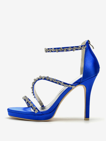 サテンエディングシューズ ハイヒール ラインストーン ストラップ スティトルヒール ブライダルシューズ