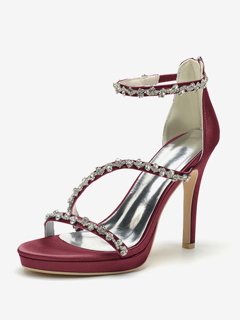 ワインレッド サテンエディングシューズ ハイヒール ラインストーン ストラップ スティトルヒール ブライダルシューズ