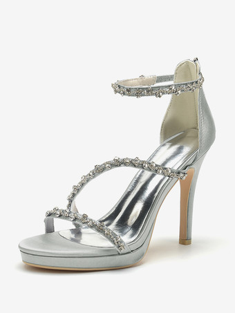 シルバー サテンエディングシューズ ハイヒール ラインストーン ストラップ スティトルヒール ブライダルシューズ