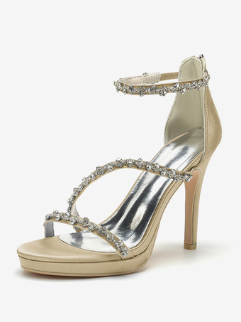 シャンパンカラーサテンエディングシューズ ハイヒール ラインストーン ストラップ スティトルヒール ブライダルシューズ