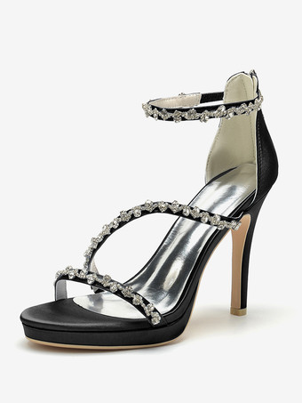 ブラック サテンエディングシューズ ハイヒール ラインストーン ストラップ スティトルヒール ブライダルシューズ