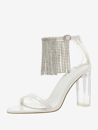 ホワイト ホワイト パーティーシューズ オープントゥ ラインストーン タッセル 透明 チャンキーヒール サンダル