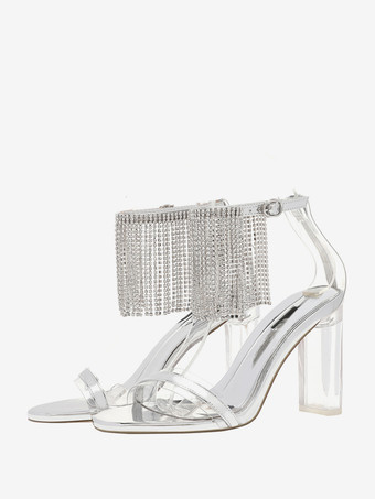 ホワイト パーティーシューズ オープントゥ ラインストーン タッセル 透明 チャンキーヒール サンダル