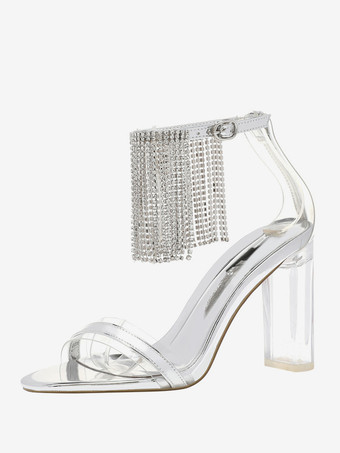 シルバー ホワイト パーティーシューズ オープントゥ ラインストーン タッセル 透明 チャンキーヒール サンダル