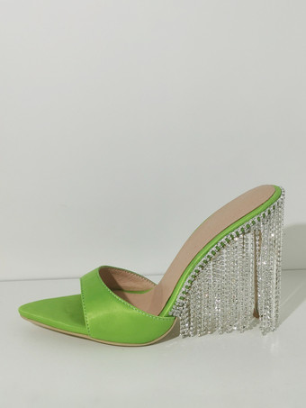 Grün Grüne Party-Schuhe mit Strasssteinen und Quasten offene Zehenpartie High Heel Pantoletten