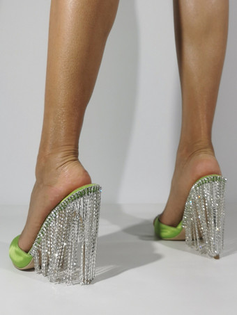 Grüne Party-Schuhe mit Strasssteinen und Quasten offene Zehenpartie High Heel Pantoletten