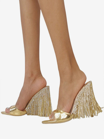 GoldGrüne Party-Schuhe mit Strasssteinen und Quasten offene Zehenpartie High Heel Pantoletten