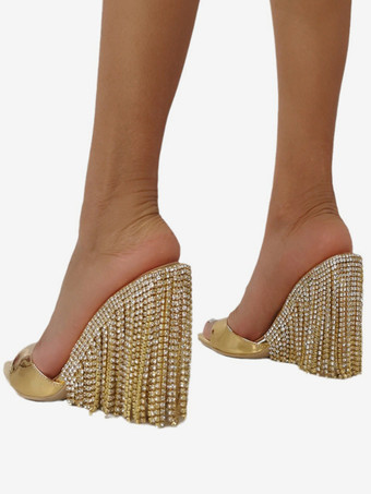 Grüne Party-Schuhe mit Strasssteinen und Quasten offene Zehenpartie High Heel Pantoletten