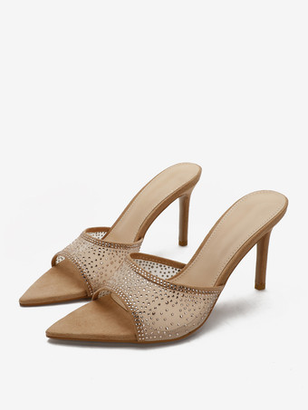 Braun      Schwarze High Heel Pantoletten aus Mesh mit offener Spitze und Strasssteinen rückenfreie High Heel-Sandalen