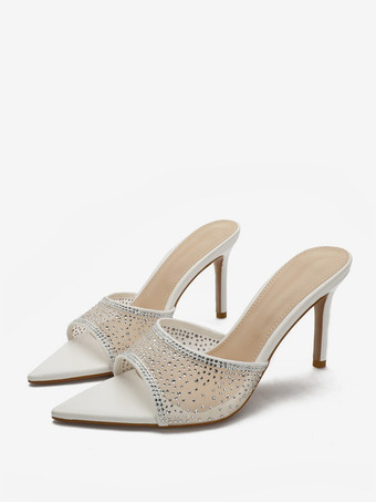 WeißSchwarze High Heel Pantoletten aus Mesh mit offener Spitze und Strasssteinen rückenfreie High Heel-Sandalen