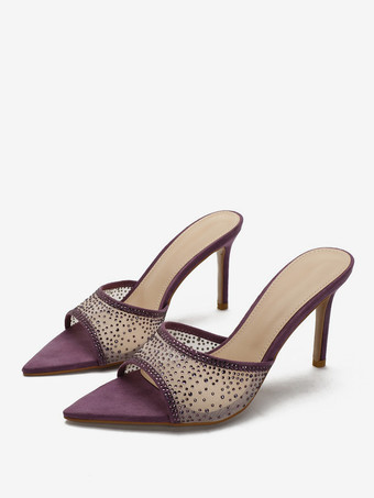 LilaSchwarze High Heel Pantoletten aus Mesh mit offener Spitze und Strasssteinen rückenfreie High Heel-Sandalen