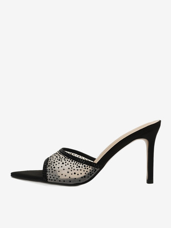 SchwarzSchwarze High Heel Pantoletten aus Mesh mit offener Spitze und Strasssteinen rückenfreie High Heel-Sandalen
