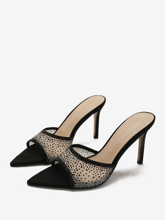 Schwarze High Heel Pantoletten aus Mesh mit offener Spitze und Strasssteinen rückenfreie High Heel-Sandalen