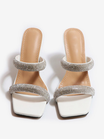 ホワイト ハイヒールミュール ラインストーン オープントゥ スティレットヒール バックレス パーティー プロムサンダル