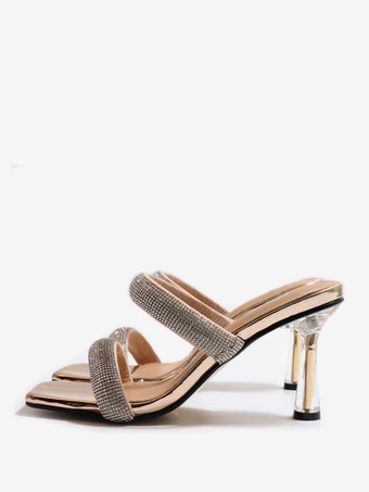 ゴールド ハイヒールミュール ラインストーン オープントゥ スティレットヒール バックレス パーティー プロムサンダル