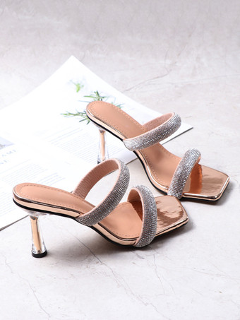 ハイヒールミュール ラインストーン オープントゥ スティレットヒール バックレス パーティー プロムサンダル