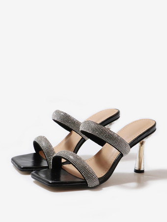 ブラック ハイヒールミュール ラインストーン オープントゥ スティレットヒール バックレス パーティー プロムサンダル